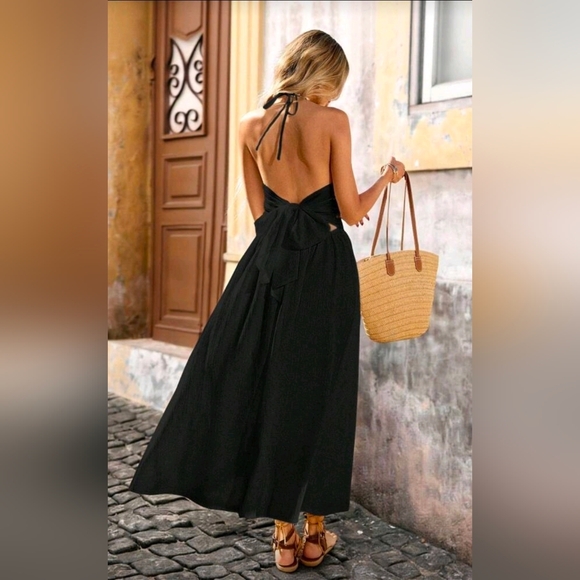 New Boho Sheer Crochet Knit Tie Back Long Dress Black - Picture 5 of 10